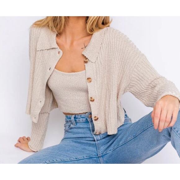 Le Lis Collection Womens Cropped Cardigan Sweater Large Beige Oatmeal Neutral - Picture 1 of 12